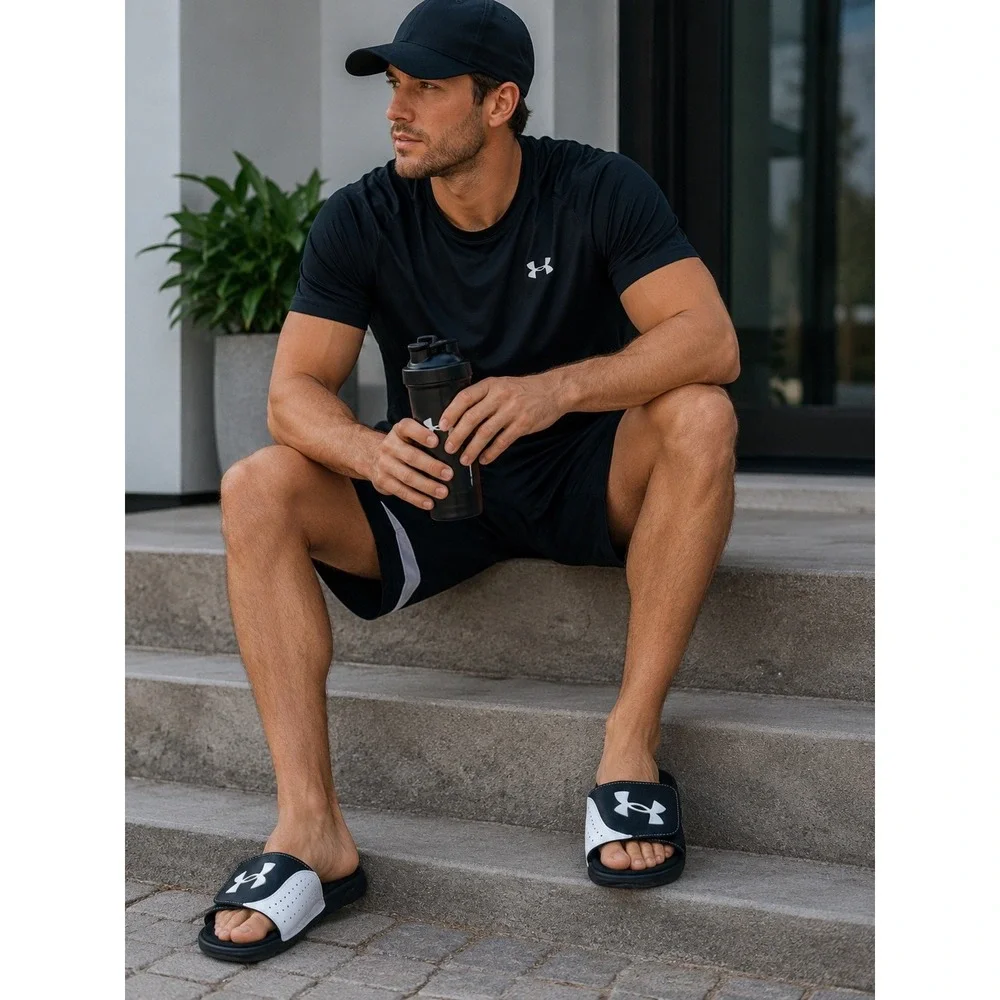 Under Armour Ignite Adjustable Slide Sandals Men's Size 12 Black White Comfort